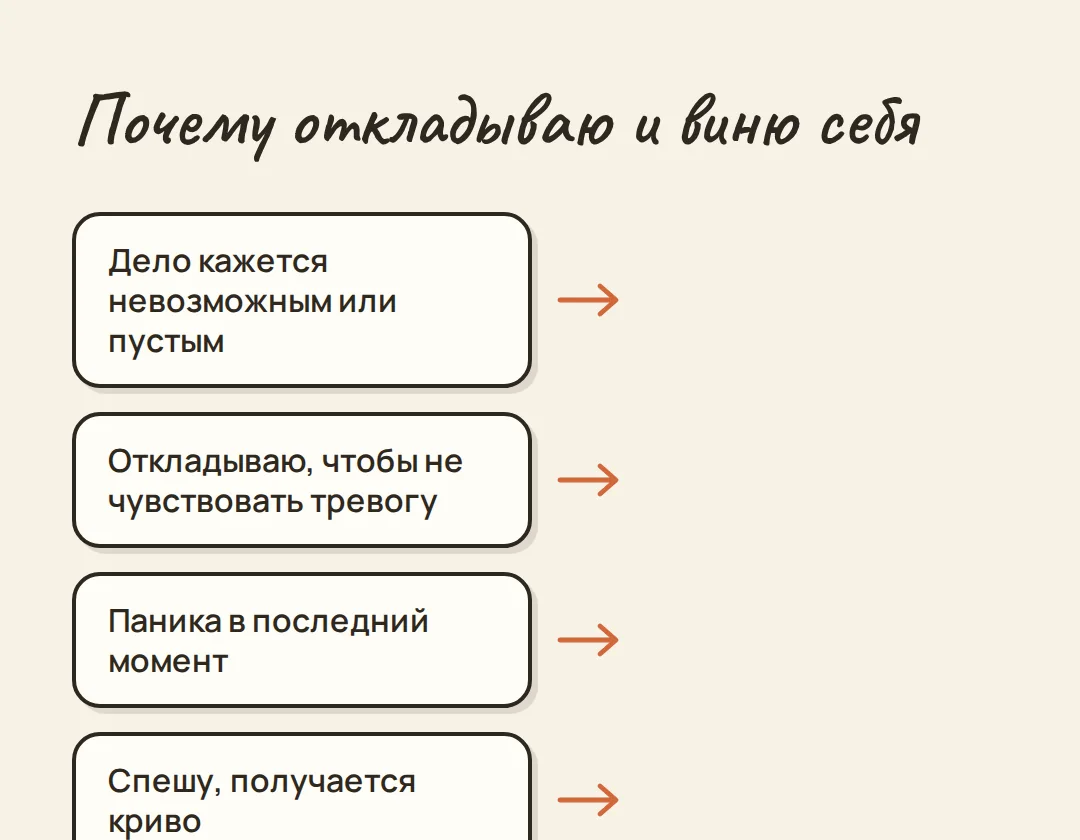 Прокрастинация: почему откладываю дела и виню себя — иллюстрация к материалу
